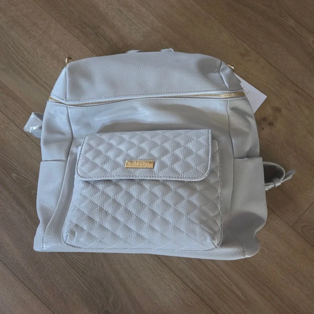 Luli Bebe Monaco Diaper Bag Stone Gray Vegan Leather Backpack Gold Hardware NEW